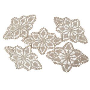 Lot of 5 Vintage Peacock Feather Crocheted Doilies Beige 10”x 14” Inches Each